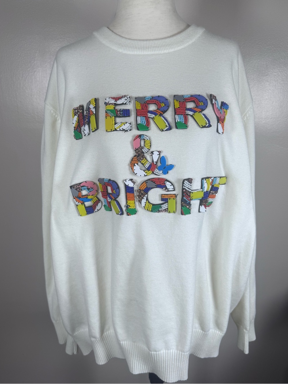 Queen of Sparkles White Merry & Bright Beaded Christmas Festive Sweater Sz XXL